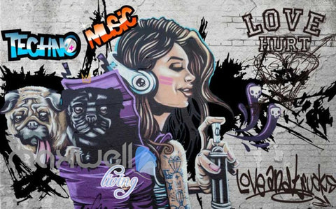 Image of 3D Graffiti Techno Music Dog Street Art Wall Murals Wallpaper Decals Print Decor IDCWP-TY-000280