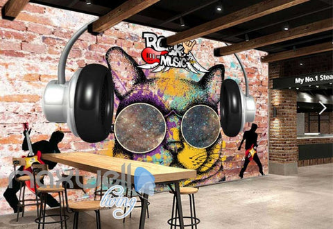 Image of 3D Graffiti Earphone Cat Rock Roll Art Wall Murals Wallpaper Decals Prints Decor IDCWP-TY-000281
