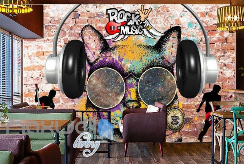 3D Graffiti Earphone Cat Rock Roll Art Wall Murals Wallpaper Decals Prints Decor IDCWP-TY-000281
