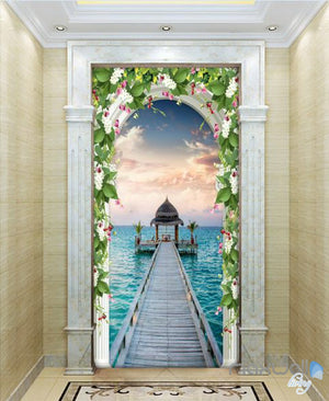 3D Pier Sea Jetty Arch Flower Vine Entrance Wall Decal Mural Art Prints 003