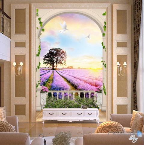 3D Arch Lavender Field Tree Sunrise Entrance Wall Mural Wallpaper Decal Art Prints 004