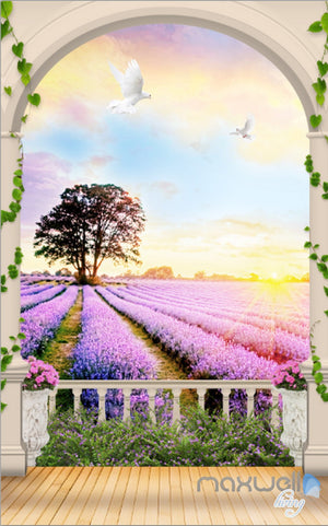 3D Arch Lavender Field Tree Sunrise Entrance Wall Mural Wallpaper Decal Art Prints 004