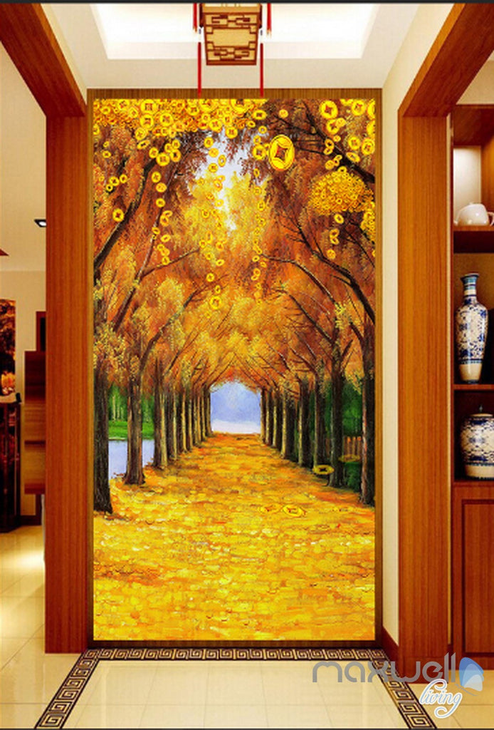3D Gold Coin Autumn Tree Yellow Leaves Corridor Entrance Wall Mural Decals Art Prints Wallpaper 010