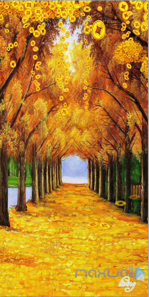 3D Gold Coin Autumn Tree Yellow Leaves Corridor Entrance Wall Mural Decals Art Prints Wallpaper 010