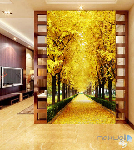 3D Autumn Tree Yellow Leaves Corridor Entrance Wall Mural Decals Art Prints Wallpaper 011