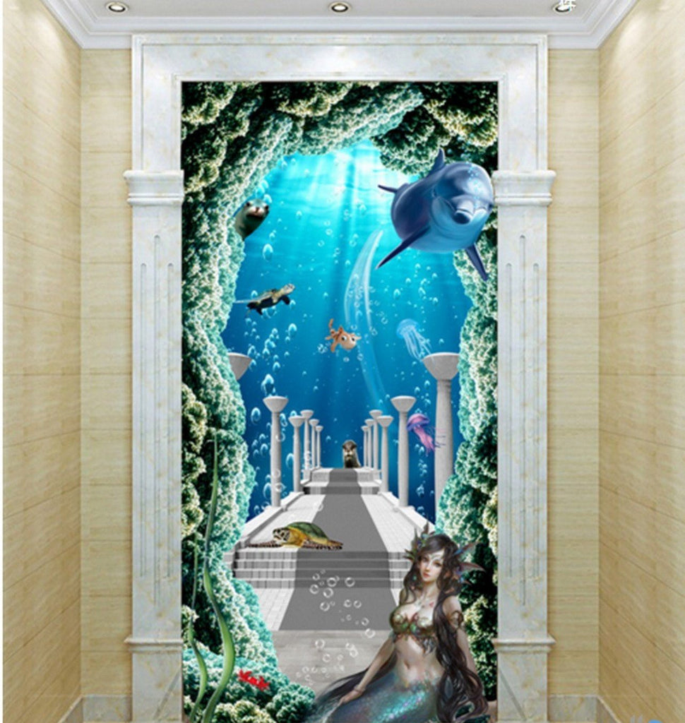 3D Mermaid Sea World Corridor Entrance Wall Mural Decals Art Prints Wallpaper 012