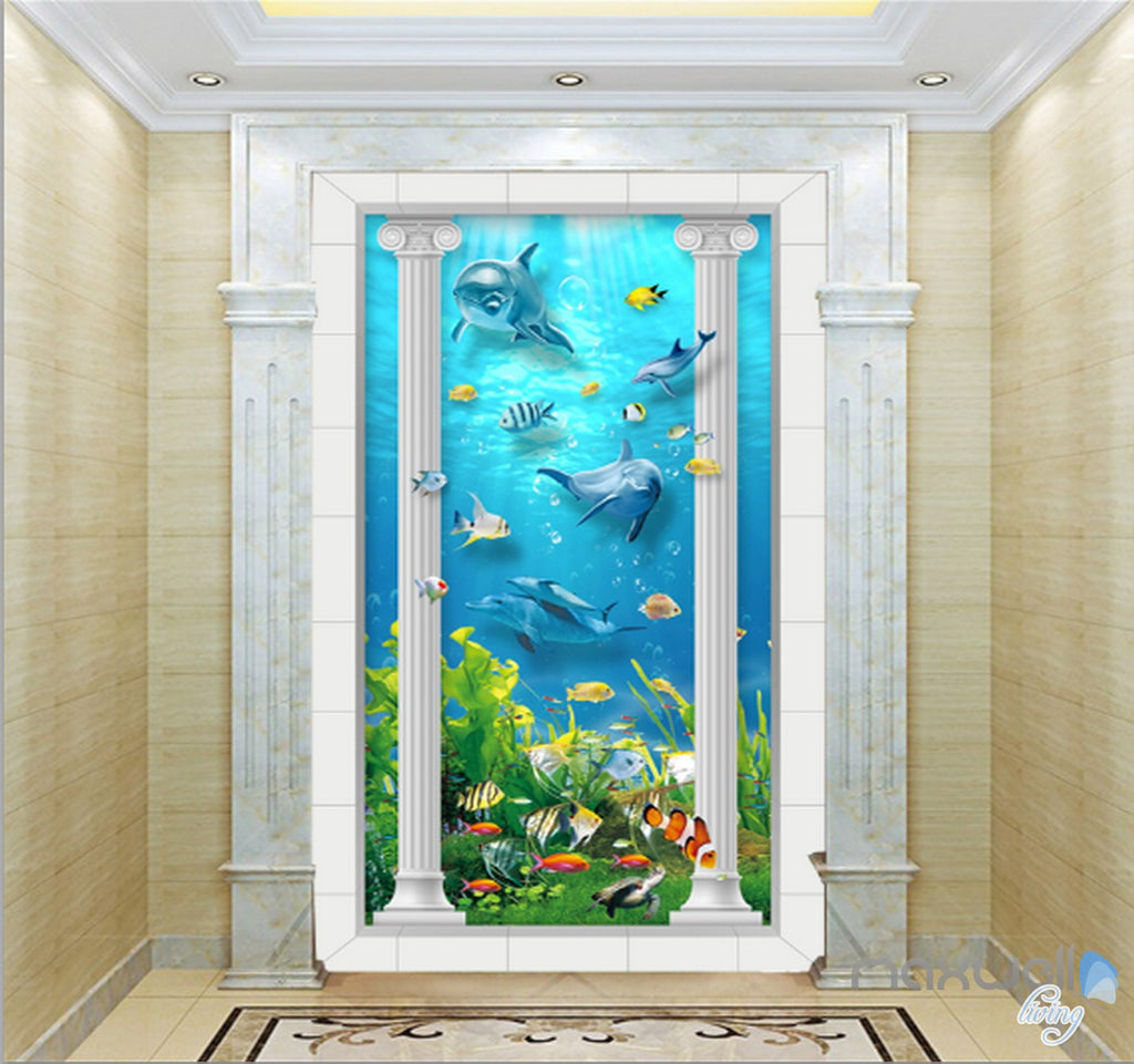 3D Roman Pillar Dophin Sea World Corridor Entrance Wall Mural Decals Art Prints Wallpaper 013