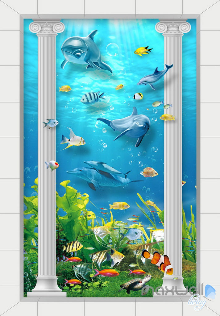 3D Roman Pillar Dophin Sea World Corridor Entrance Wall Mural Decals Art Prints Wallpaper 013