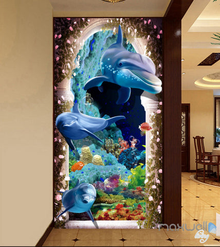 Image of 3D Dophins Hole Coral Corridor Entrance Wall Mural Decals Art Prints Wallpaper 016