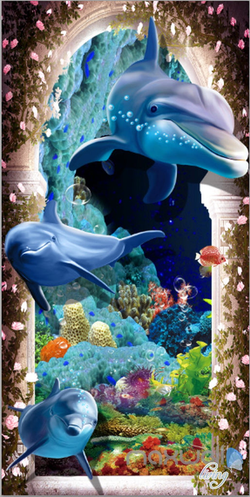 3D Dophins Hole Coral Corridor Entrance Wall Mural Decals Art Prints Wallpaper 016