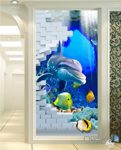 Image of 3D Bricks Dophin Fish Hole Corridor Entrance Wall Mural Decals Art Prints Wallpaper 017