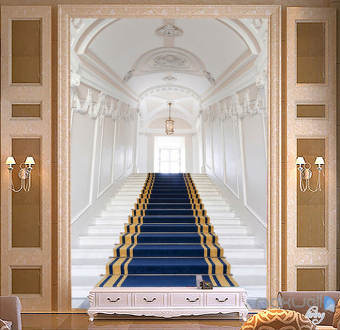 Image of 3D Blue Carpet Stair Hall Corridor Entrance Wall Mural Decals Art Print Wallpaper 021