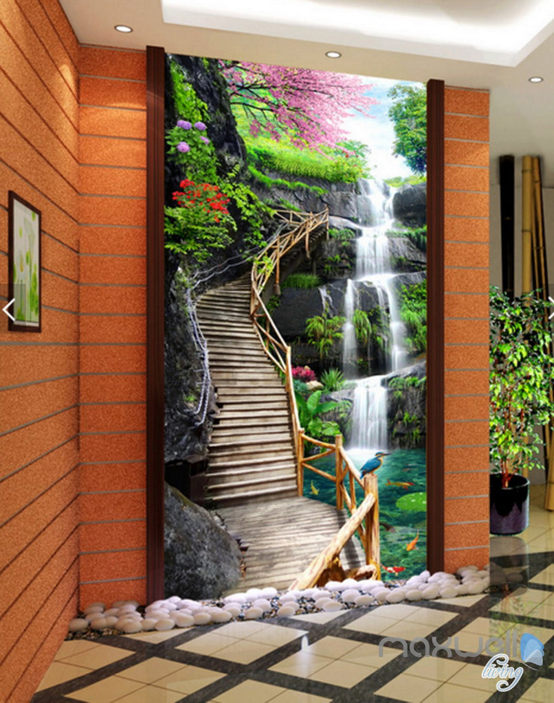 3D Fall Cherry Blossom Stairs Corridor Entrance Wall Mural Decals Art Print Wallpaper 030