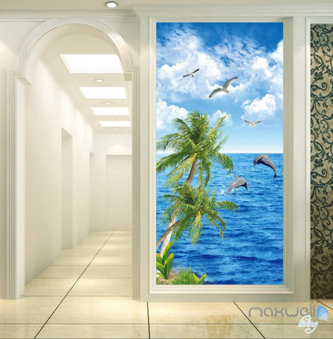 Image of 3D Palm Tree Dophin Bird Sea Corridor Entrance Wall Mural Decals Art Print Wallpaper 031