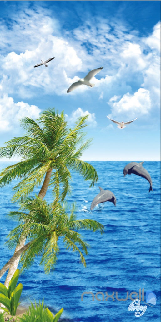 3D Palm Tree Dophin Bird Sea Corridor Entrance Wall Mural Decals Art Print Wallpaper 031