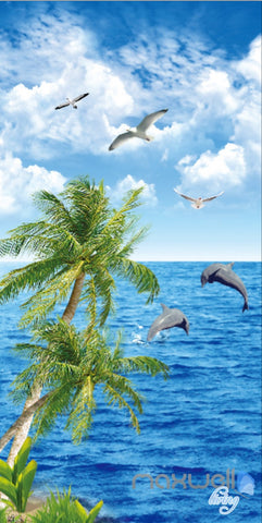 Image of 3D Palm Tree Dophin Bird Sea Corridor Entrance Wall Mural Decals Art Print Wallpaper 031