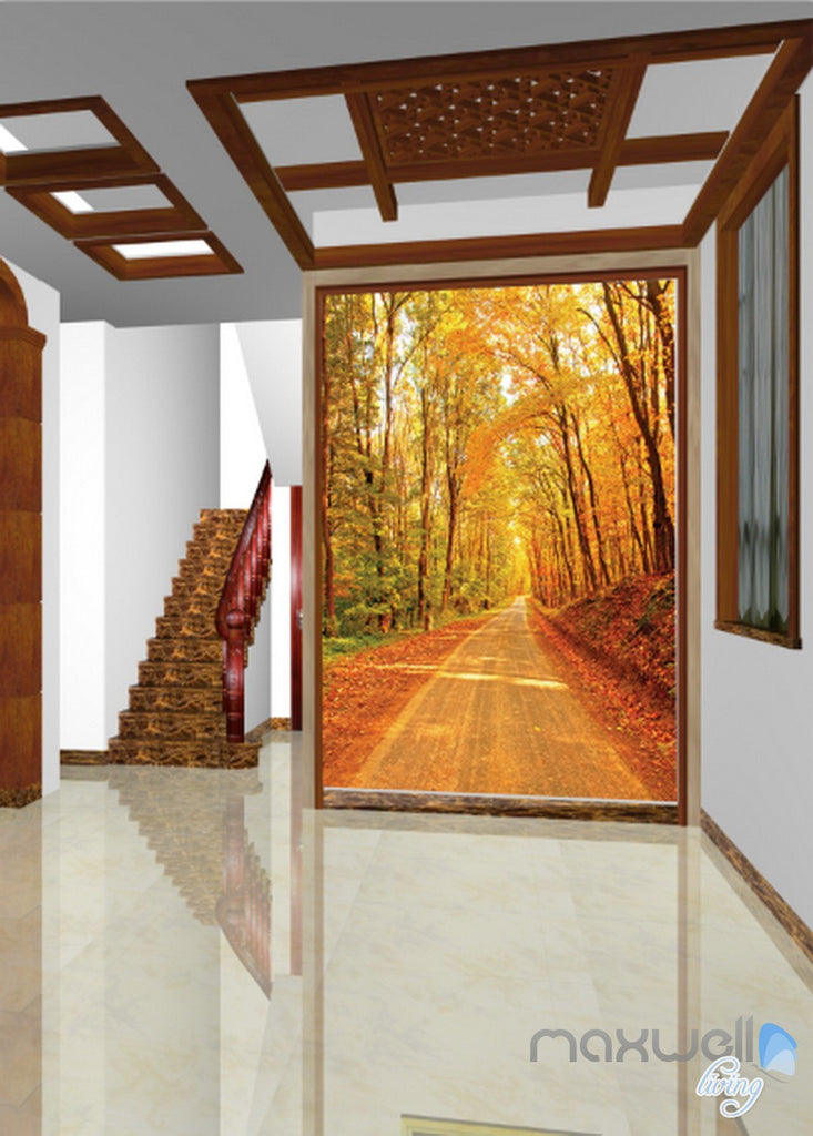3D Autumn Forest Lane Corridor Entrance Wall Mural Decals Art Prints Wallpaper 032
