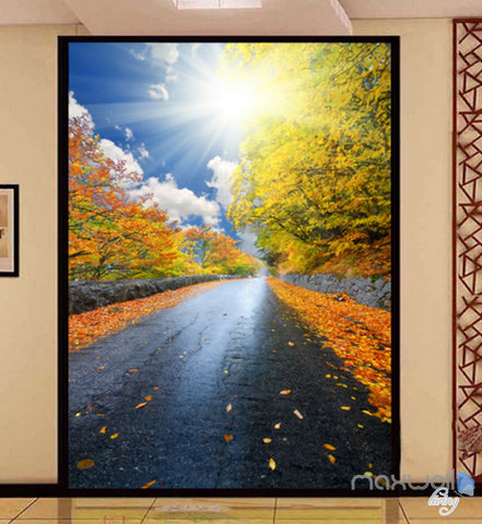Image of 3D Sunshine Road Autumn Corridor Entrance Wall Mural Decals Art Print Wallpaper 033