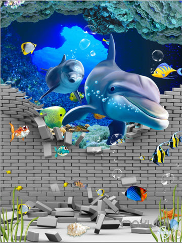 Image of 3D Bricks Dophin Fish Bubble Corridor Entrance Wall Mural Decals Art Prints Wallpaper 035