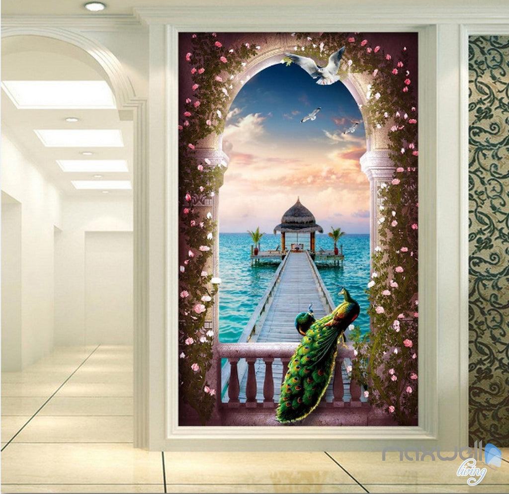 3D Balcony Peacock Window Pier Sea Corridor Entrance Wall Mural Decals Art Print Wallpaper 037