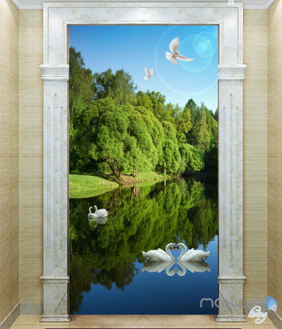 Image of 3D Swan Lake Forest Corridor Entrance Wall Mural Decals Art Print Wallpaper 045