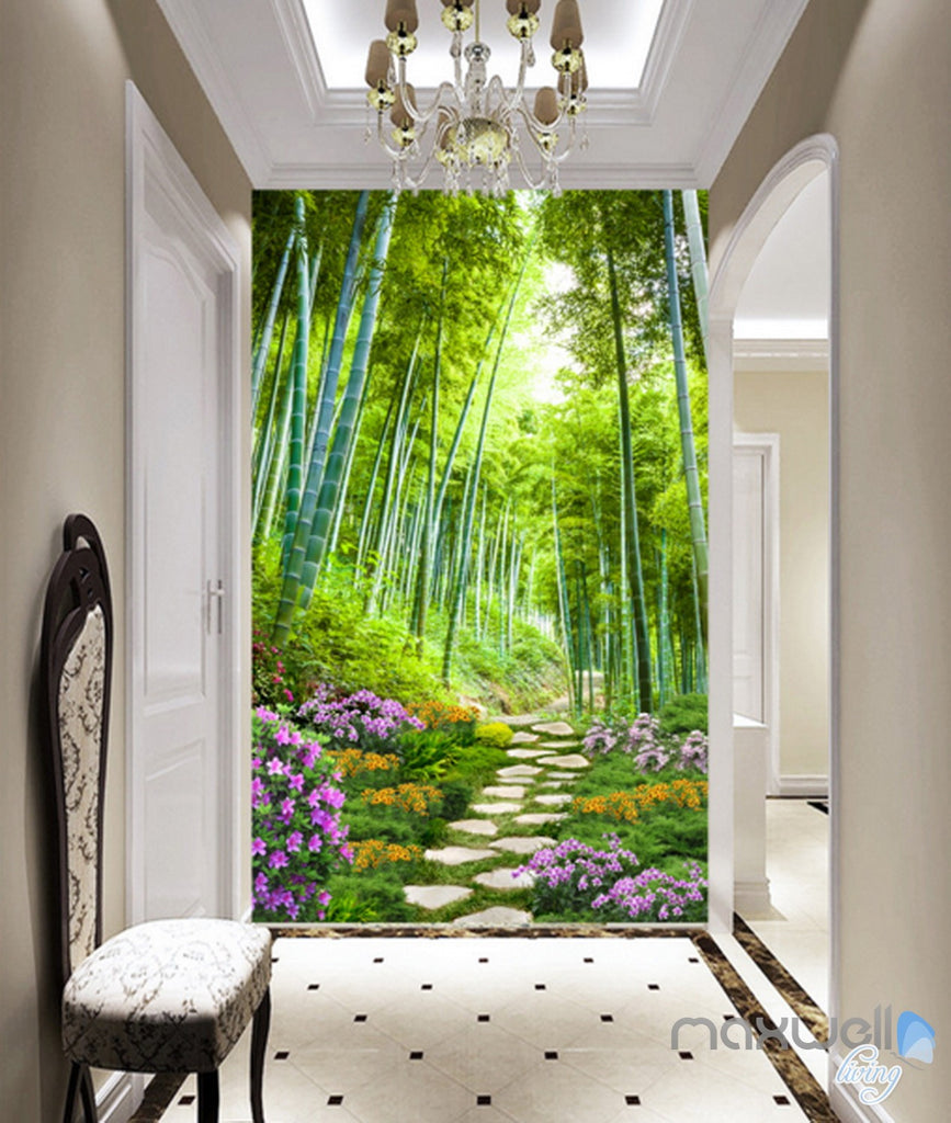 3D Bamboo Forest Flower Corridor Entrance Wall Mural Decals Art Print Wallpaper 047