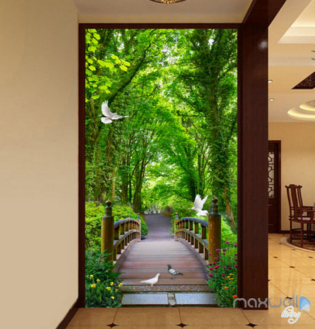 Image of 3D Forest Bridge Bird Corridor Entrance Wall Mural Decals Art Print Wallpaper 048