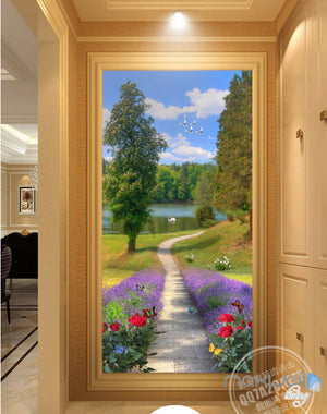 3D Puple Flower Lane Corridor Entrance Wall Mural Decals Art Print Wallpaper 050