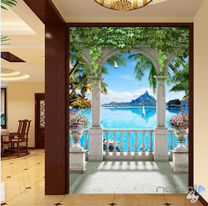 3D Pillar Balcony Palm Tree Corridor Entrance Wall Mural Decals Art Print Wallpaper 052
