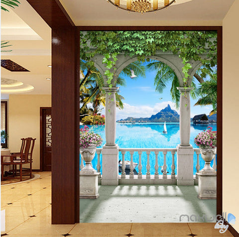 Image of 3D Pillar Balcony Palm Tree Corridor Entrance Wall Mural Decals Art Print Wallpaper 052