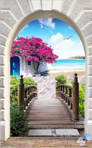 Image of 3D Flower Blossom Tree Bridge Corridor Entrance Wall Mural Decals Art Print Wallpaper 053