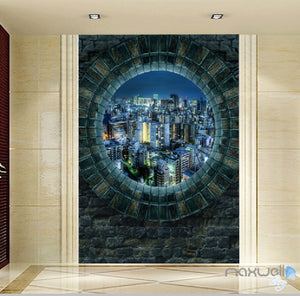 3D Stone Window City Night Corridor Entrance Wall Mural Decals Art Print Wallpaper 061