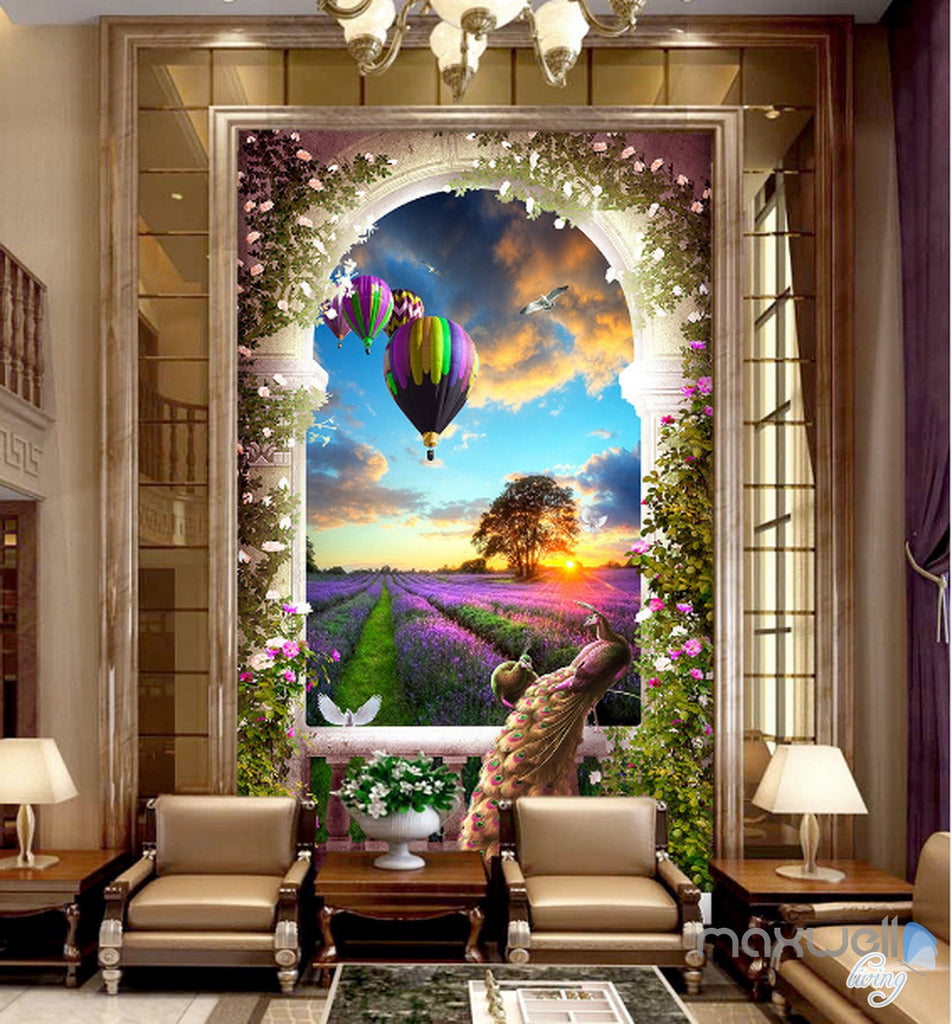 3D Balcony Peacock Hot Airbaloon Lavender Corridor Entrance Wall Mural Decals Art Print Wallpaper 064