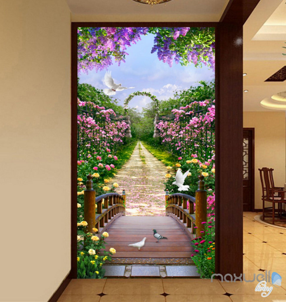 3D Flowers Garden Bridge Arch Corridor Entrance Wall Mural Decals Art Print Wallpaper 067