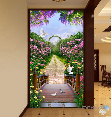 Image of 3D Flowers Garden Bridge Arch Corridor Entrance Wall Mural Decals Art Print Wallpaper 067