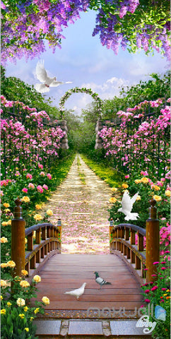 3D Flowers Garden Bridge Arch Corridor Entrance Wall Mural Decals Art Print Wallpaper 067