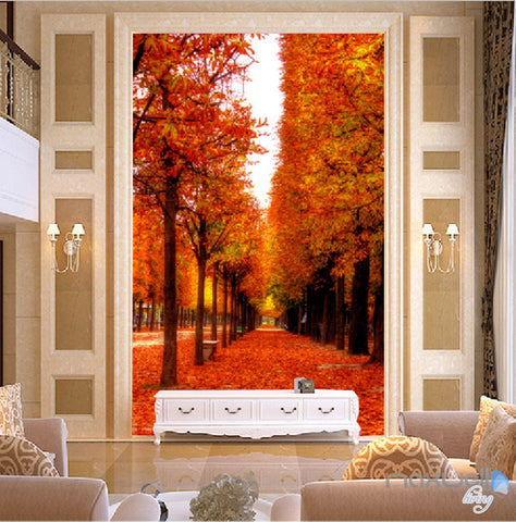 Image of 3D Leaves Fall Tree Corridor Entrance Wall Mural Decals Art Print Wallpaper 068