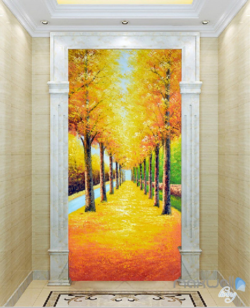 3D Yellow Leaves Tree Corridor Entrance Wall Mural Decals Art Print Wallpaper 070