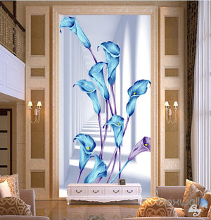 3D Blue Flowers Corridor Entrance Wall Mural Decals Art Print Wallpaper 071