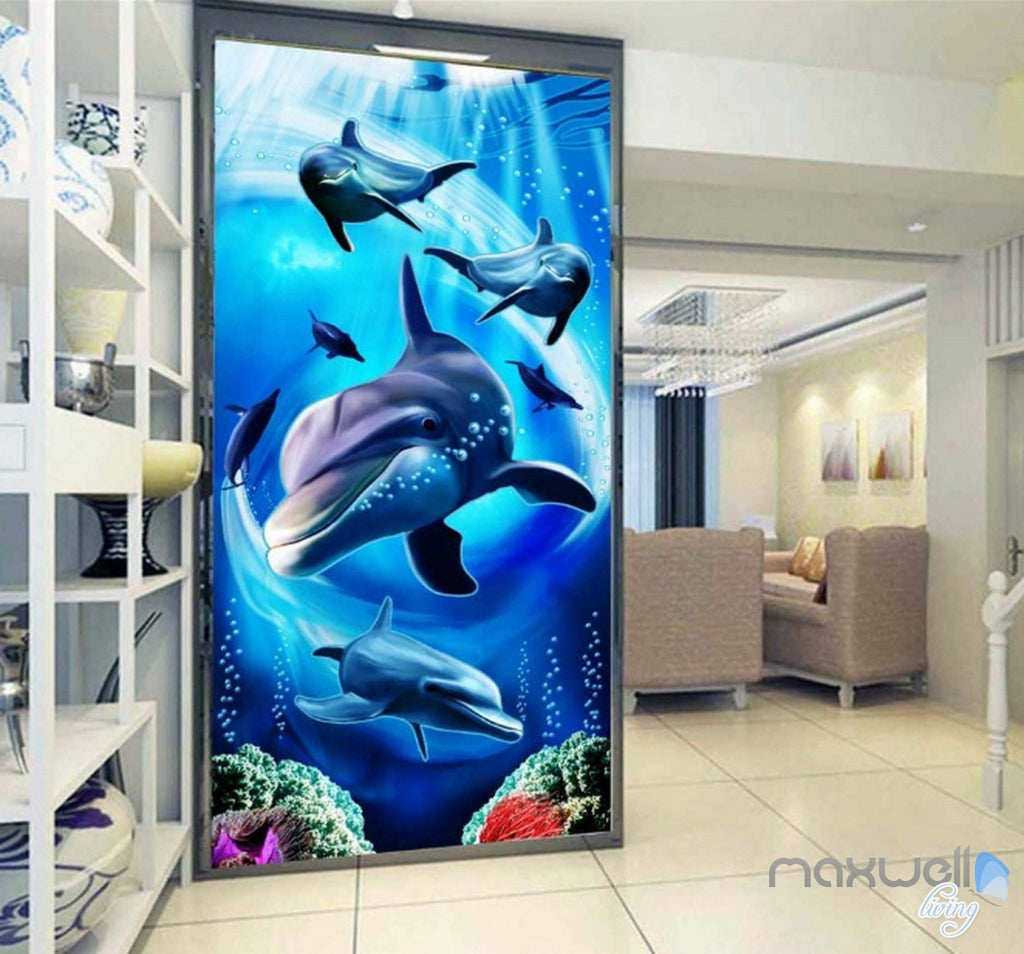 3D Dophines Playing Corridor Entrance Wall Mural Decals Art Print Wallpaper 073