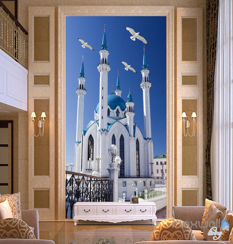 Image of 3D White Building Blue Sky Corridor Entrance Wall Mural Decals Art Print Wallpaper 074