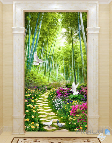 Image of 3D Flowers Birds Lane Forest Tree Corridor Entrance Wall Mural Decals Art Print Wallpaper 075