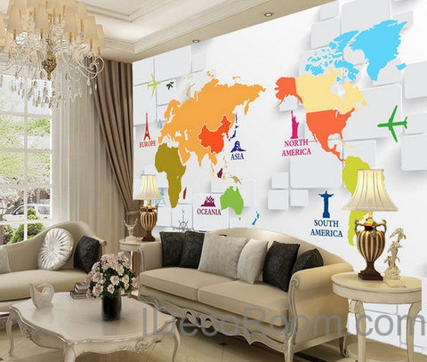 Image of 3D Abstract World Map Sign Wallpaper Wall Decals Wall Art Print Wall Mural Home Decor Indoor Office Business Deco