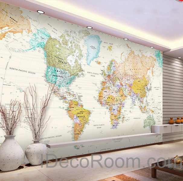 Colorful World Map Wallpaper Wall Decals Wall Art Print Mural Home Decor Office Business Indoor Deco