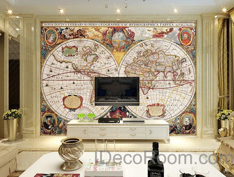 Image of Vintage HD World Map Wallpaper Wall Decals Wall Art Print Mural Home Decor Office Business Indoor Deco