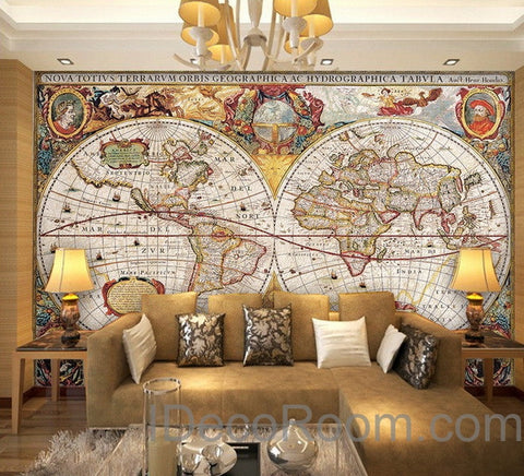 Image of Vintage HD World Map Wallpaper Wall Decals Wall Art Print Mural Home Decor Office Business Indoor Deco