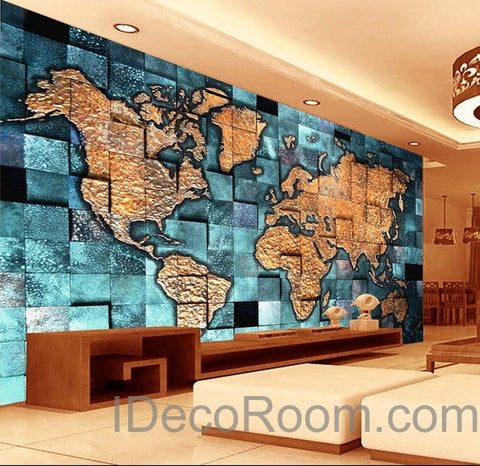 Image of 3D Blue Ocean Abstract World Map Wallpaper Wall Decals Wall Art Print Mural Home Decor Indoor Office Business Deco