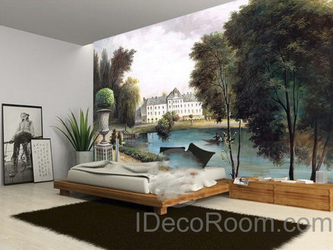 Image of 3D Vintage Castle Painting Lake Wall paper Wallpaper Wall Decals Wall Art Print Mural Home Decor Indoor Bussiness Office Deco
