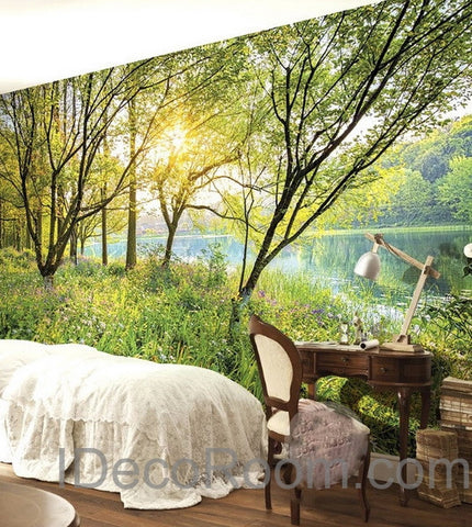 Image of 3D Riverside Trees Sunrise Wall paper Wallpaper Wall Decals Wall Art Print Mural Home Decor Indoor Bussiness Office Deco
