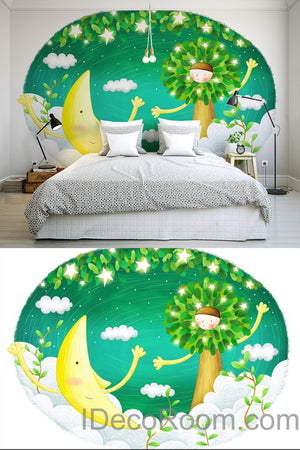 3D Star Moon Tree Cartoon Wall Mural Wall paper Wall Decals Wall Art Print Deco Kids wallpaper